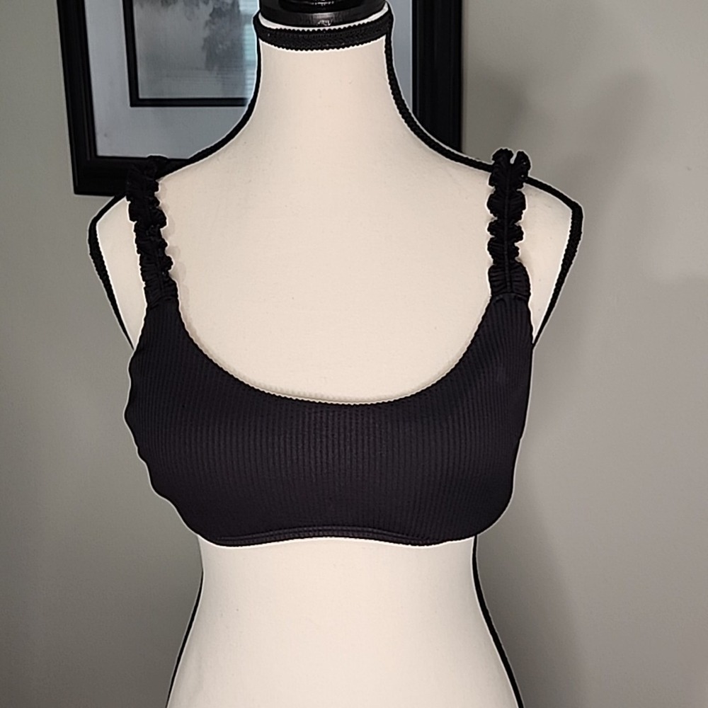 Hollister Swim Black Ribbed Ruffle Strap Lace Up Bikini Top Large 31152508